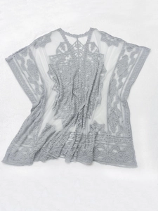 Detail of light gray mesh lace cardigan with floral embroidery and geometric patterns