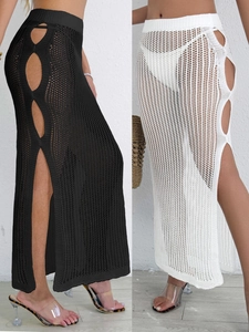 Women Sexy Crochet Hollow Out Beach Skirt High Slit Knit Swimwear Cover Up For Summer Vacation Pool Side Solid Color Skirt