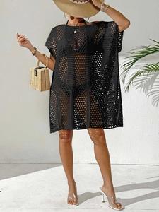 Robe de plage au crochet noire pour femme avec manches larges et ajourées pour vacances