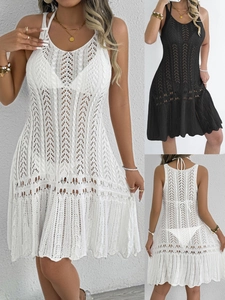 Women Crochet Hollow Out Beach Cover Up Dress Halter Sleeveless Backless Sexy Knit Mini Dress For Summer Vacation Bikini Smock