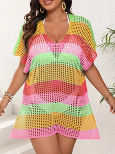 Women's colorful striped crochet beach cover-up dress with hollow knit and V-neckline