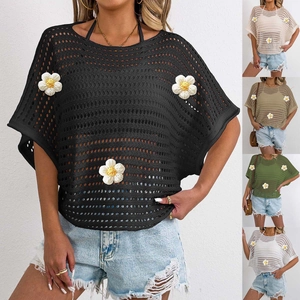 Collage of knit cover-ups with 3D floral accents in black, beige, khaki, and green