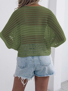 Olive green hollow crochet knit top with batwing sleeves and casual loose fit