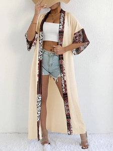 Women's long bohemian kimono cover-up with floral patchwork and casual open front