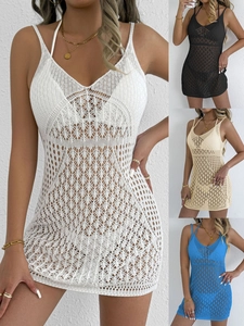 Damen Sexy Häkel Strandkleid Cover Up Hohl Ausschnitt V-Ausschnitt Ärmellos Sommer Urlaub Mini Bikini Coverup