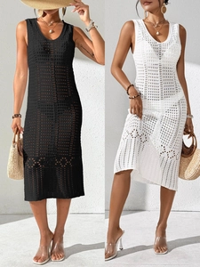 Women Crochet Hollow Out Sleeveless V Neck Dress Bikini Cover Up Beach Knitted Midi Sundress For Vacation Summer Pool Party