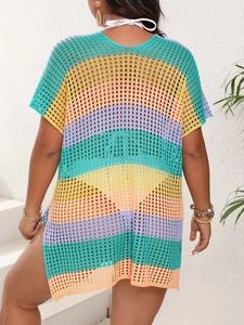Women's colorful striped crochet beach cover-up dress with openwork knit and V-back design