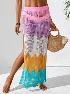Women's boho knit maxi skirt with colorful zigzag stripes and high side slit