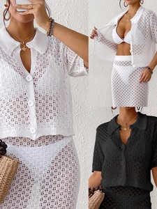 Damen Sexy Ajouré Häkelstrick Strickjacke Polo-Kragen Kurzarm Knopf-Top Sommerurlaub Boho-Stil Bluse