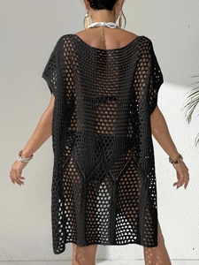 Robe de plage au crochet noir pour femme avec dos nu et manches longues ajourées