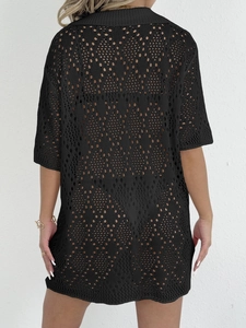 Women's black hollow crochet polo cardigan oversized beach cover-up shown from the back