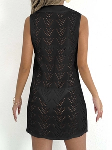 Women's black hollow crochet sleeveless mini dress beach bikini cover up back view
