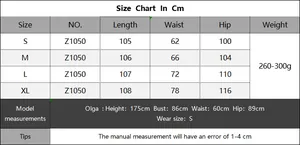 Detailed size chart for women hollow beach pants showing length, waist, and hip in cm