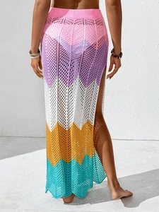Crochet wave stripe beach maxi skirt with high side slit for women resort wear