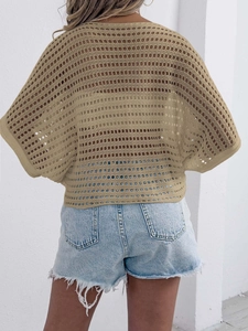 Detail view of the crochet hollow knit texture and batwing sleeve design on back of top