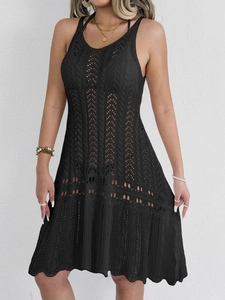 Sleeveless black crochet beach cover-up dress with hollow-out knit and bohemian style