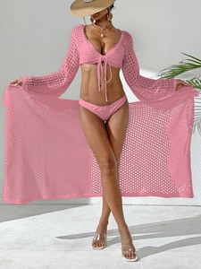 Pink crochet hollow out beach cover up set with long sleeve crop top and long skirt