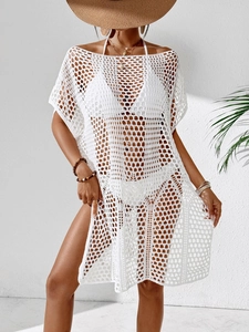Robe de plage blanche au crochet avec maille ajourée et fentes latérales pour femme