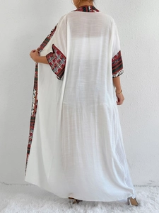 Women's white long sun protection cardigan with bohemian geometric print trim