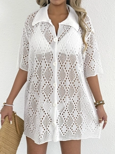 White crochet polo collar button-down cover-up shirt with short sleeves for beachwear
