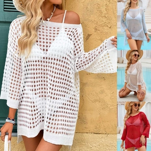 Detailed close-up of waffle hollow knit texture on long sleeve beach bikini cover-up