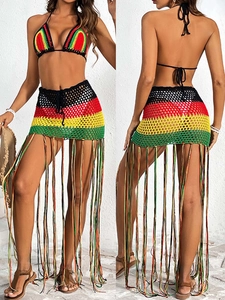 Damen Häkelstrick Rasta Streifen Bikini Top Und Quastenrock Bohemian Strandüberwurf Für Sommer Resort Urlaub Kleidung