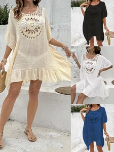 Women's Bohemian Crochet Hollow Out Beach Cover Up Ruffle Hem Loose Vacation Bikini Swimwear Coverup Dress