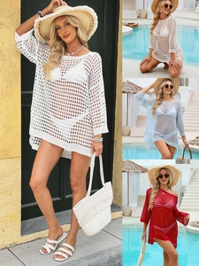 Women's Hollow Crochet Beach Cover-up Long Sleeve Waffle Knit Bikini Swimwear Outerwear Vacation Casual Top