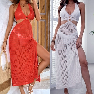 Detail view of crochet beach dress with ring connector, side slit and halter neck design