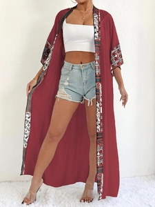 Women bohemian red long sun protection cardigan with floral patchwork and loose sleeves