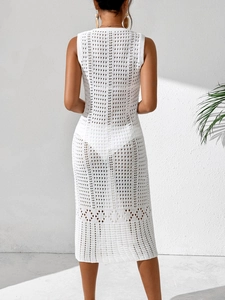 White sleeveless hollow-out crochet midi beach cover-up dress with a textured knit pattern