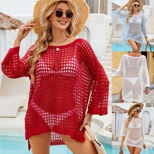 Detailed knit texture of crochet waffle beach cover-up with hollow mesh and side slits