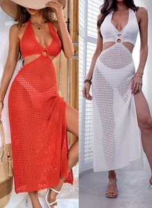 Detail of crochet beach cover-up featuring ring hardware and side cut-outs in red and white