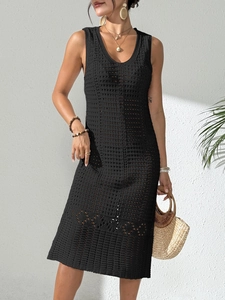 Women's black sleeveless crochet midi dress with hollow patterns and vacation beach style