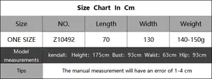 Detailed size chart for beach sarong wrap featuring length width and weight specifications