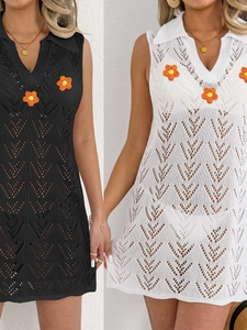 Women Sexy Crochet Hollow Out Mini Dress Polo Neck Sleeveless Floral Knit Beach Cover Up Vacation Casual Summer Dress
