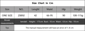 Size chart for sequin crochet skirt with waist and hip measurements in cm