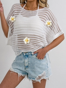 Women's white crochet hollow-out top featuring 3D floral appliques and batwing sleeves
