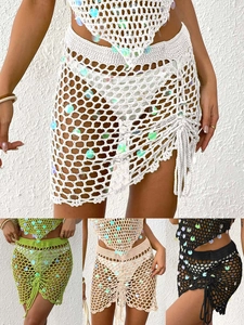 Handmade Crochet Sequin Hollow Out Beach Skirt Bohemian Iridescent Sequins Cover Up Drawstring Irregular Mini Skirt For Women