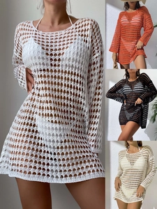Cache-Maillot de Plage Sexy au Crochet pour Femmes Manches Longues Col Rond Tricot Bikini Cache-Maillot Robe pour Vacances d'Été
