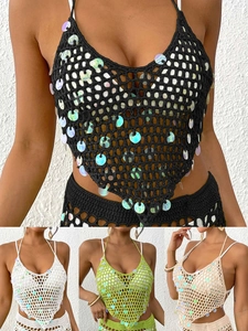 Femme Sexy Crochet Main Paillettes Dos Nu Bikini Top Cache-Maillot Plage Bohémien Ajouré Tricot Camisole Vacances Été