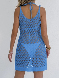Blue crochet hollow-out beach cover-up dress with halter neck tie back design