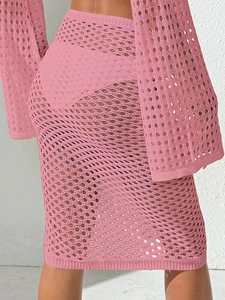 Pink hollow-out crochet knit skirt set for women featuring high waist beach cover-up design