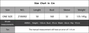 Size chart for woven hollow batwing sleeve top with detailed measurements in centimeters