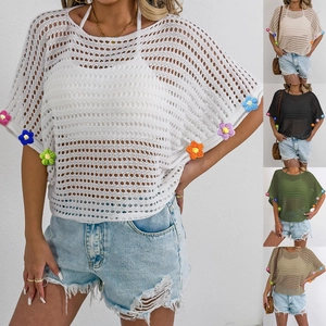Detailed macro view of colorful 3D knit floral ornaments on a hollow crochet mesh blouse