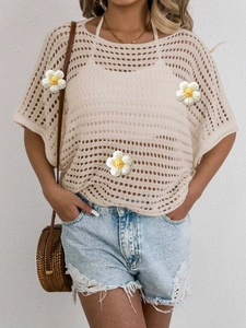 Beige hollow knit oversized blouse with floral details and trendy bell sleeves style