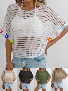 Women Bohemian Crochet Hollow Out Cover Up Top With 3D Floral Decoration Batwing Sleeve Casual Vacation Beach Knit Blouse