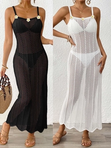 Donna Sexy Orecchini Maxi Vestito da Spiaggia All'uncinetto Margherita Floreale Spalline Sottili Vacanza Estate Maglia Coprispalle Vestito Lungo