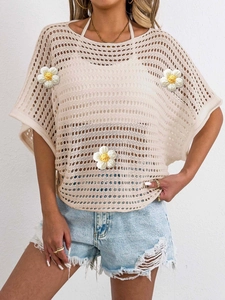 Detail of beige hollow knit top with 3D crochet flowers and breathable mesh texture