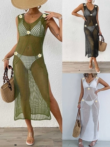 Women Crochet Hollow Out Beach Cover Up Dress Daisy Floral Sleeveless V Neck Side Slit Bikini Coverup Summer Vacation
